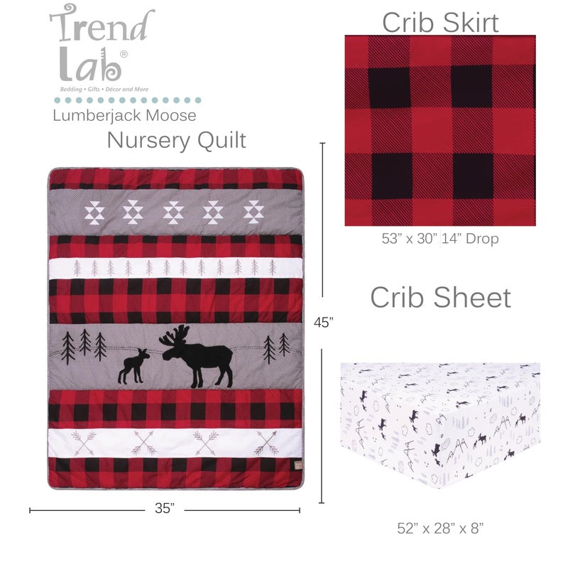 Trend Lab Lumberjack Moose 3 Piece Crib Bedding Set, Gender-Neutral Color Palette, Includes Quilt, Fitted Crib Sheet and Skirt - Image 3